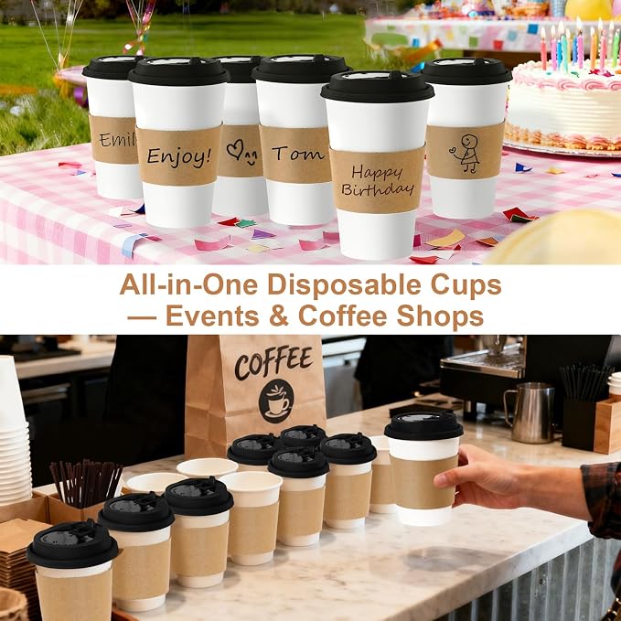 20 oz 50 Pack Coffee Cups with Lids and Sleeves, Hot Disposable To Go Travel