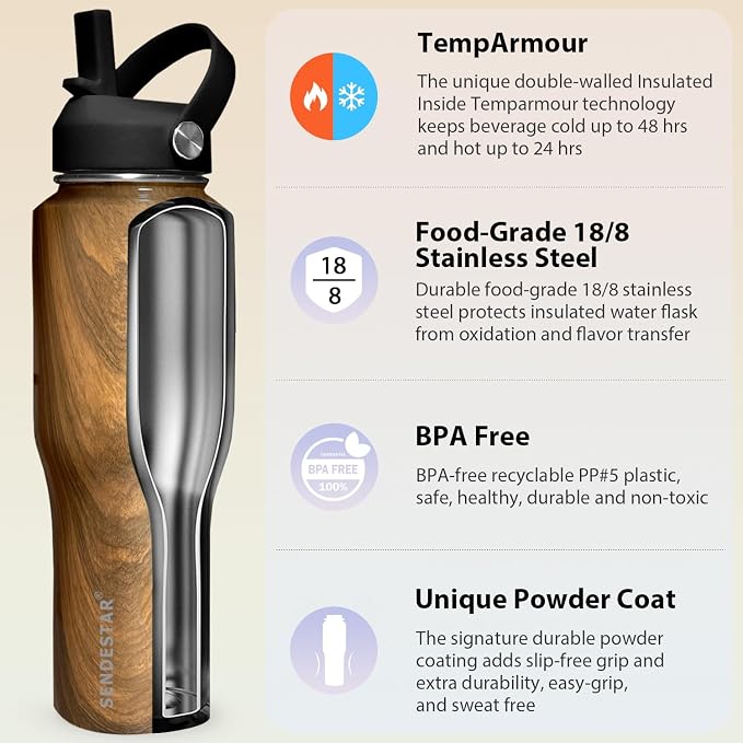 SENDESTAR 40oz Stainless Steel Water Bottle, Double Wall Vacuum Insulated Bottle