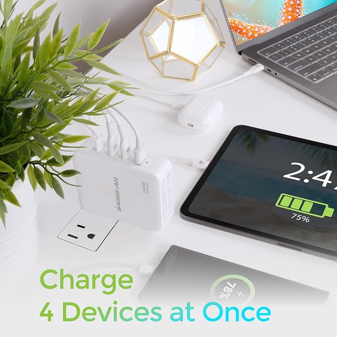 IOGEAR GearPower 145W Multiport Charger, 4 Port, USB-C Cable, iPhone 16