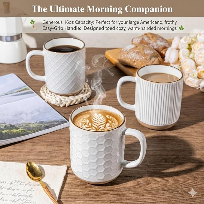 GBhome Coffee Mugs Set of 6, 16 oz White Coffee Cups