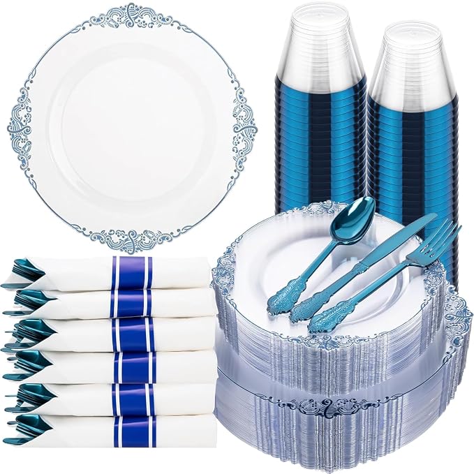 175 Pcs Clear Blue Plates for Graduation | Blue Party Plates Set for 25 Guests