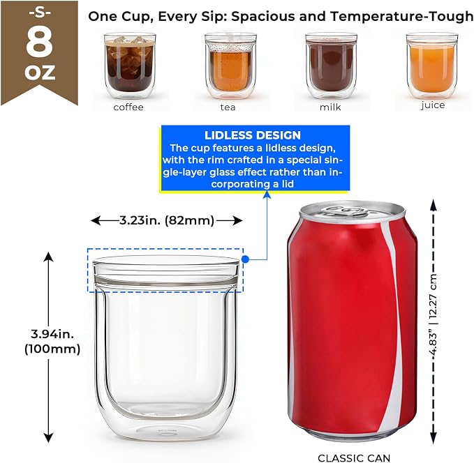 Aquach 8oz Double Walled Glass Espresso Cups Set of 2, Insulated Small Mugs |