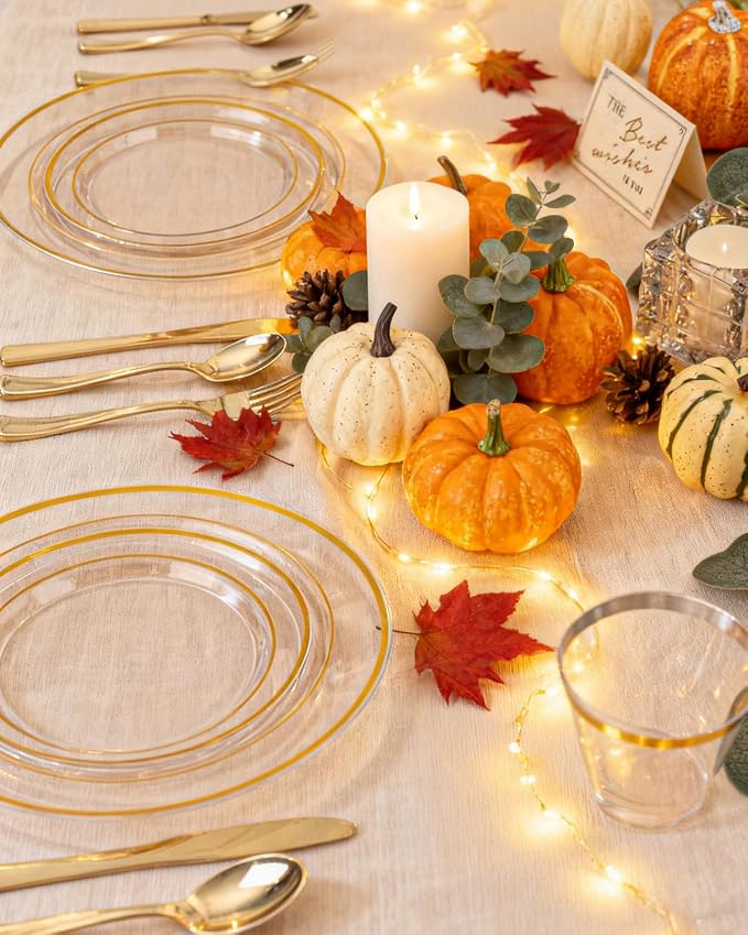 bUCLA 300Pcs Clear Gold Plastic Disposable Dinnerware Set