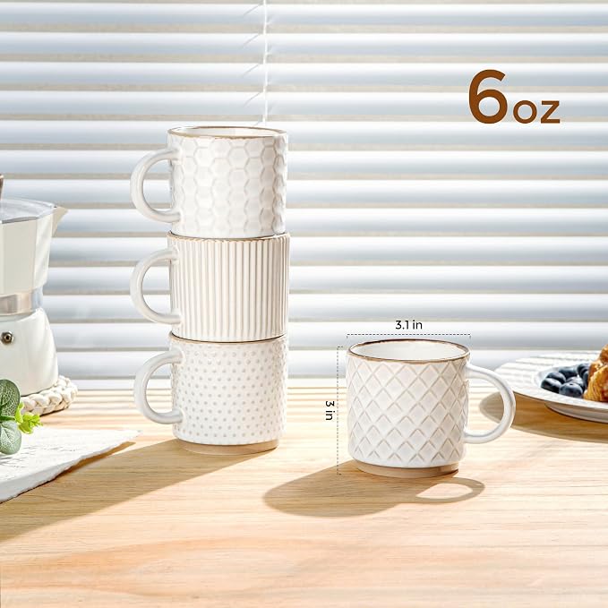 GBhome 6 OZ Stackable Coffee Mugs Set of 4, Ceramic Coffee Cups Set | 4
