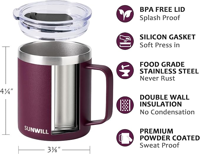 SUNWILL Travel Coffee Mug with Lid, Insulated Tumbler with Handle, 14 oz