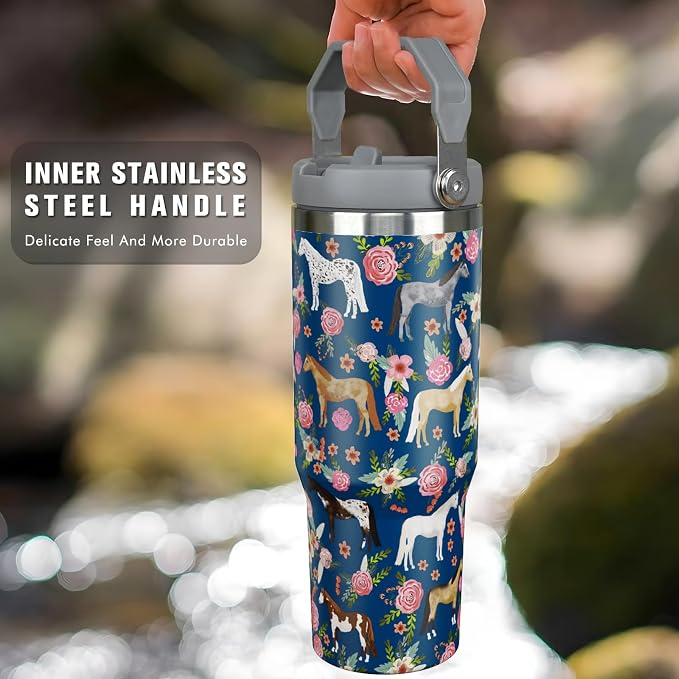 30 oz Horse Tumbler with Handle and Flip Straw, Vacuum Insulated Water Bottle