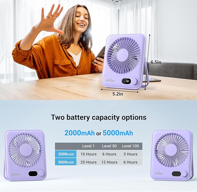 WHATOOK Small Desk Fan Personal Fans: 5000mah 25 Hours Battery Office Quiet