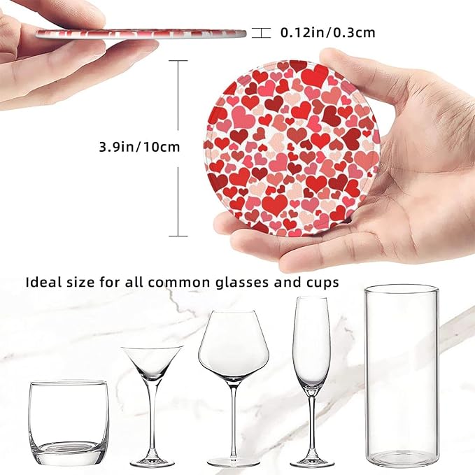 Drink Coasters with Holder Stand Set of 6, Heart Shaped Decoration Pu Leather