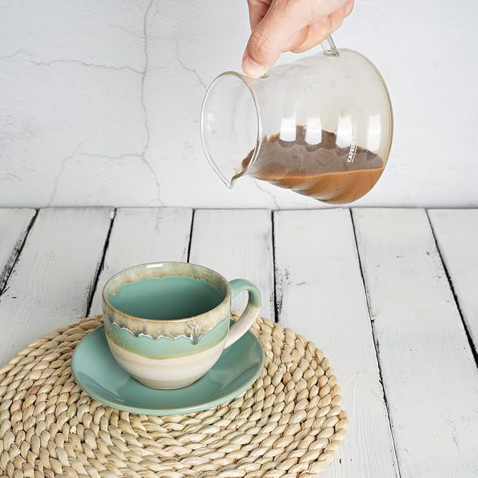 Bosmarlin Ceramic Cappuccino Cup and Saucer Set of 2, 10 Oz, Coffee Cups