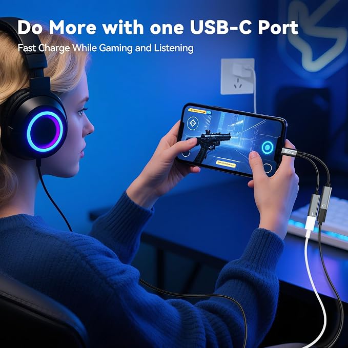 USB C Splitter, 1 in 2 Out Dual USB C Type Headphone and 60W PD Charger Audio