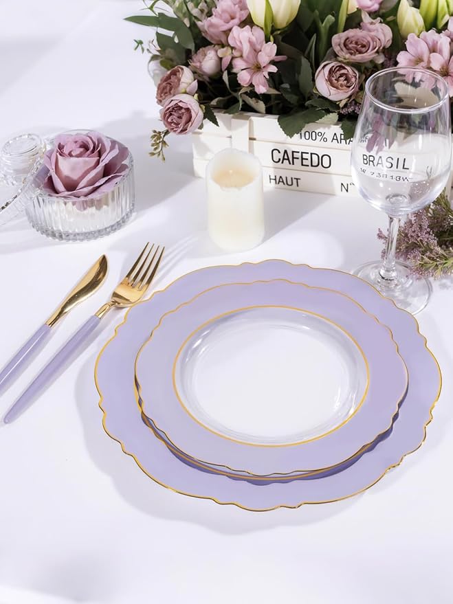 60pcs Clear Purple Plates Disposable