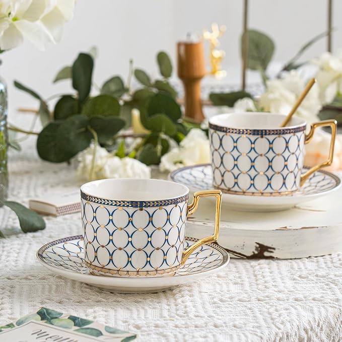 CwlwGO- Bone China Tea Cup Sets, 15-Pieces Tea Cup and Saucer Set Service