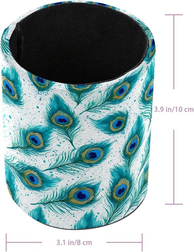 Leather Pen Holder for Desk, Peacock Feather Pencil Cup Pen Organizer Makeup