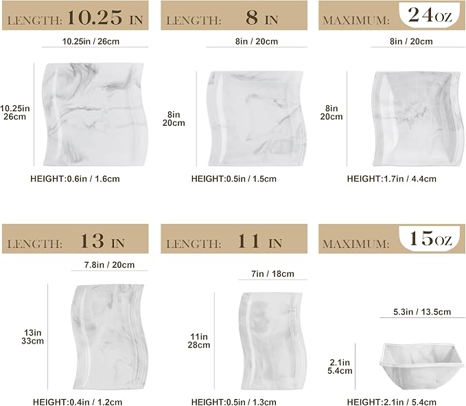 MALACASA 26-Piece Marble Grey Square Dinnerware Sets, Flora Porcelain Dinner Set