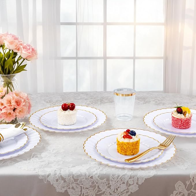 YOUBET 350PCS White and Gold Scalloped Plastic Plates