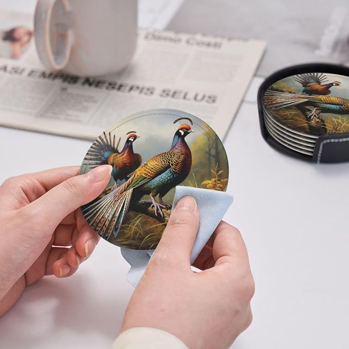 6Pcs PU Leather Coaster for Drinks, Pheasants Animals Cup Coasters