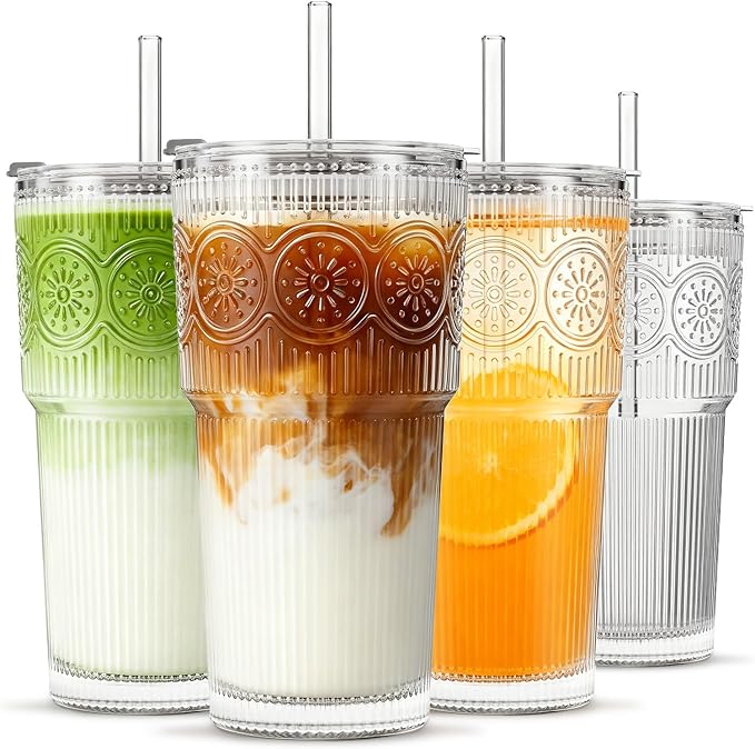 INSETLAN 20oz Ribbed & Floral Glass Tumblers