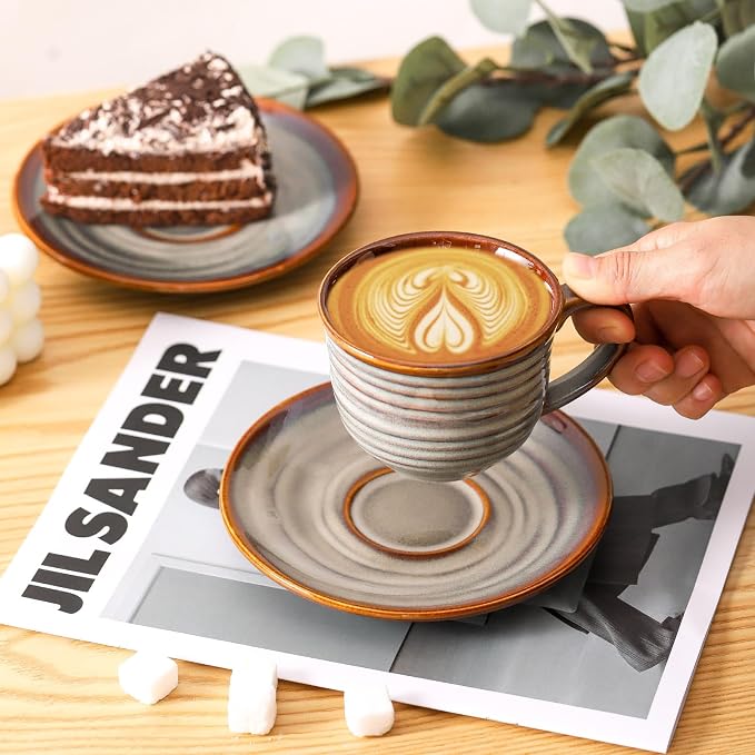 HASENSE Ceramic Tea Cups and Saucers, 8oz Cappuccino Cups Set of 4, Espresso