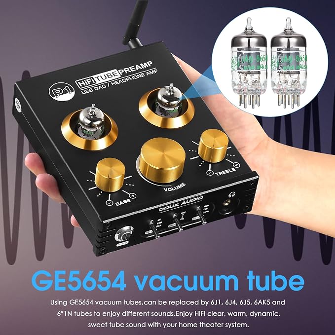 Douk Audio P1 Vacuum Tube Bluetooth Preamplifier, GE5654 Audio Preamp, Hi-Fi