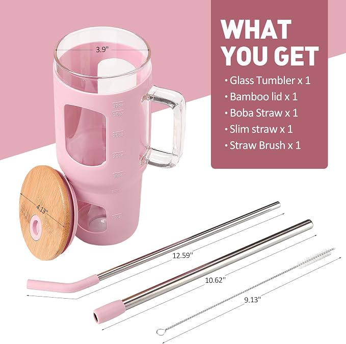 WINSA Glass Tumbler with Straw and Lid, 32 oz Glass Cup with Handle, Glass