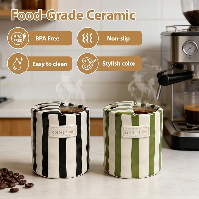 Ceramic Coffee Mug with Sip Hole, 10oz Retro Striped Coffee Cups, Cute Ceramic