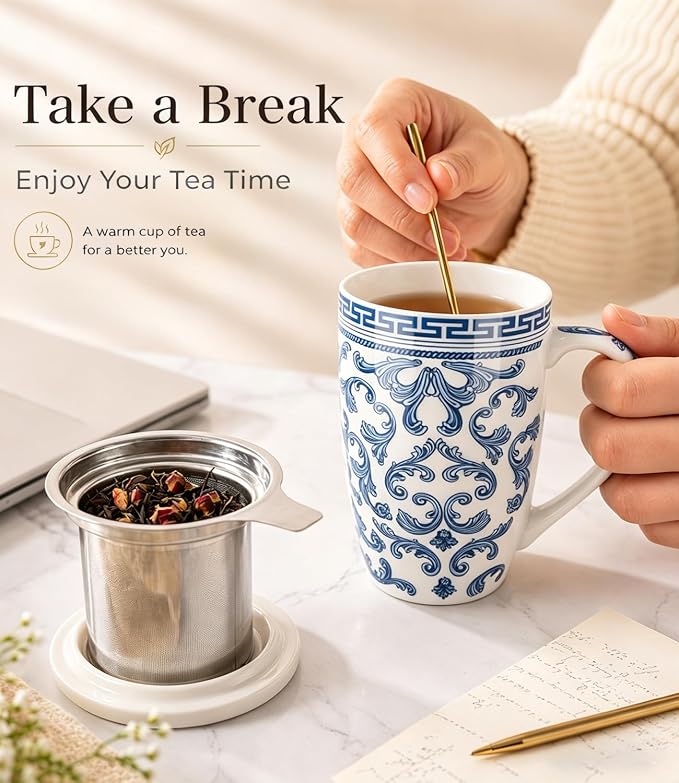 AmorArc Tea Cup With Infuser and Lid, 18oz Loose Leaf Tea Mug With Steeper |