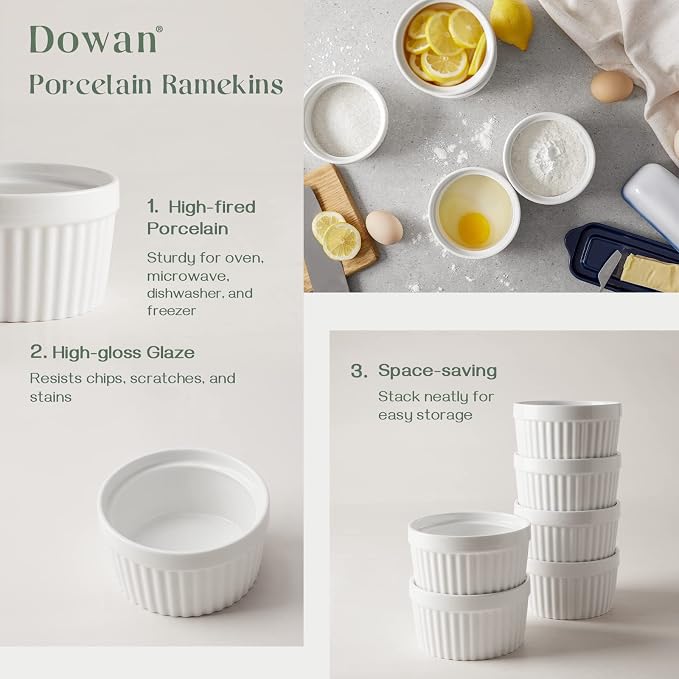 DOWAN Ramekins 12 oz Oven Safe, Creme Brulee Ramekin Souffle Dishes