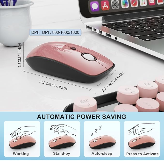 Wireless Keyboard and Mouse Combo, 104 Round Keys Cute Colorful Keyboard and