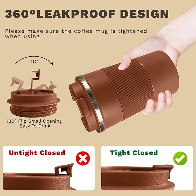 Vacuum Insulated Stainless Steel Travel Coffee Mug, Leak Proof Cup