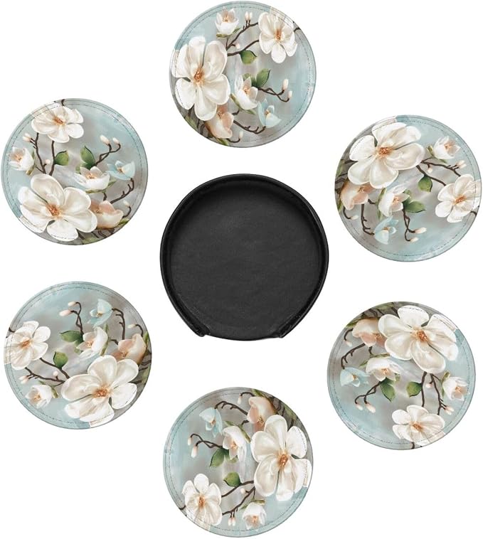 6 Pcs Spring White Blossom Magnolia Flowers Leather Coasters