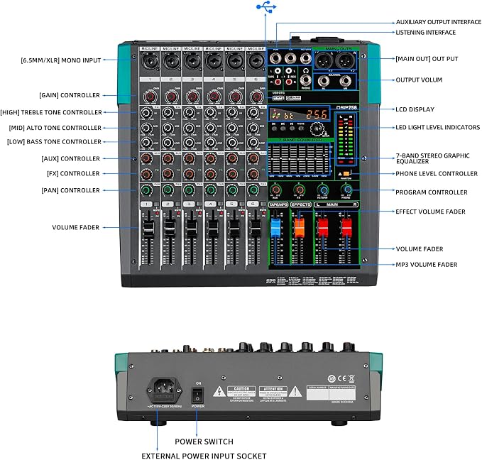 Depusheng PA6 professional DJ audio mixer 6 channel input built-in 256 kinds of