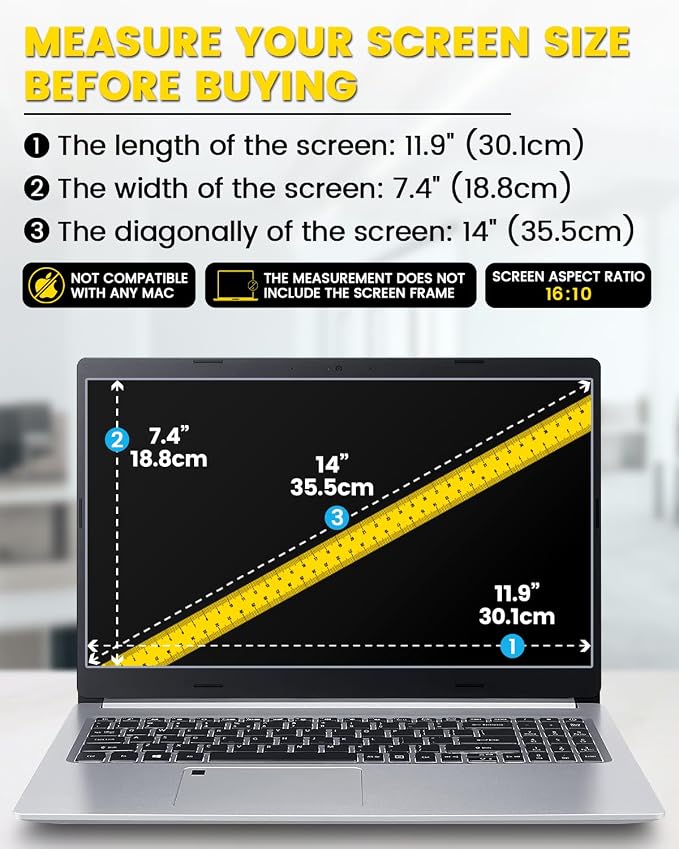 F FORITO 14 Inch 16:10 Laptop Privacy Screen Protector, 360° Anti Peeping and