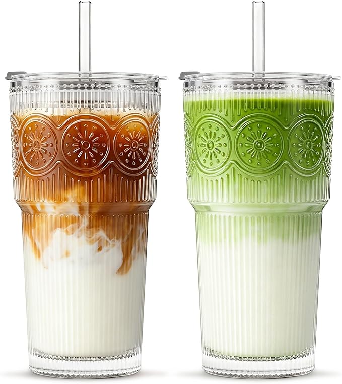 INSETLAN 20oz Ribbed & Floral Glass Tumblers