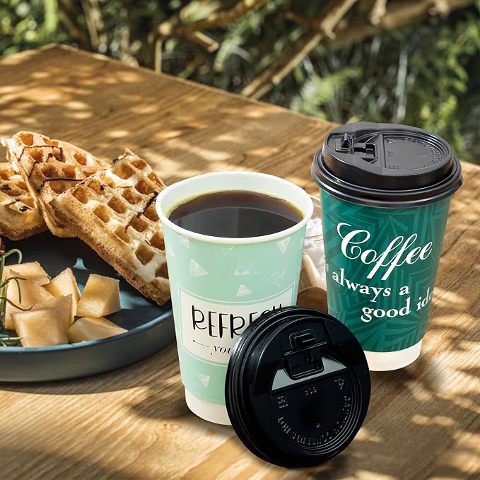 Disposable Coffee Cups with Lids 16 oz, 50 Pack Double-Walled Fun Designs