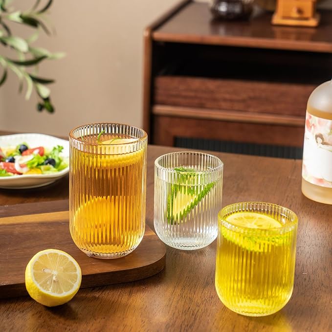 Ribbed Drinking Glasses 8pcs, Rocks Drinking Glasses 12oz and 10oz, Tumbler