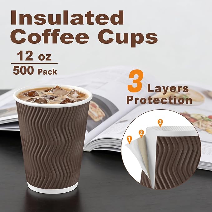 BYSNOW 500 Pack 12 oz Coffee Cups, Insulated Disposable Hot Paper Cups |