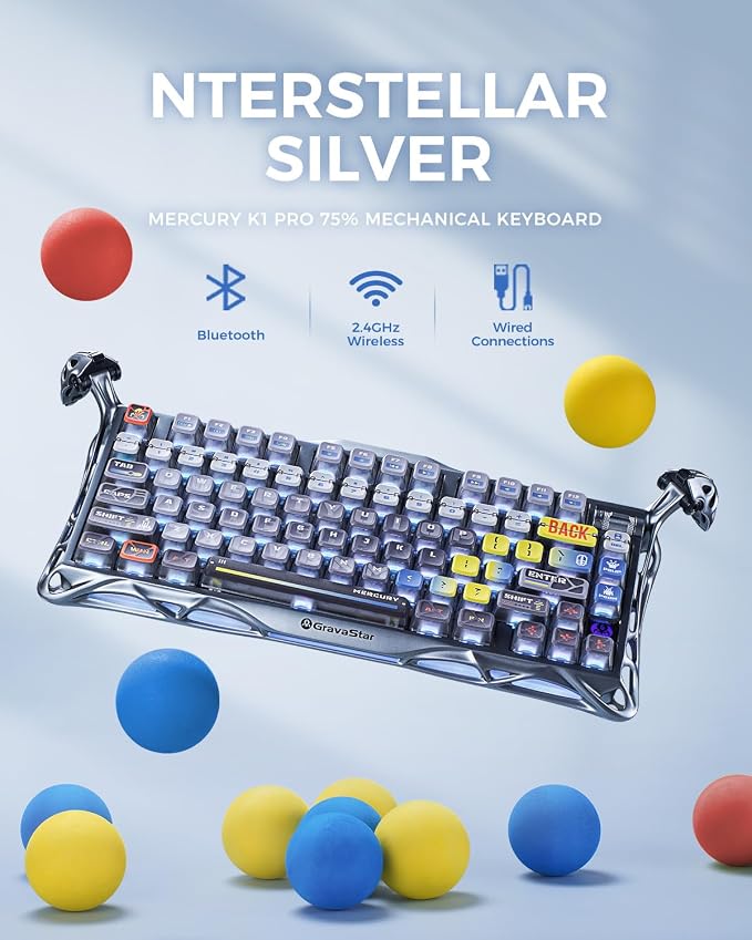 GravaStar Mercury K1 Pro Wireless Mechanical Gaming Keyboard, 75% Layout RGB