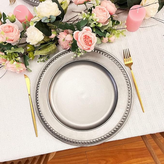 Antique Silver Charger Plates, 13 Inch Vintage Dinner Plate Chargers Round