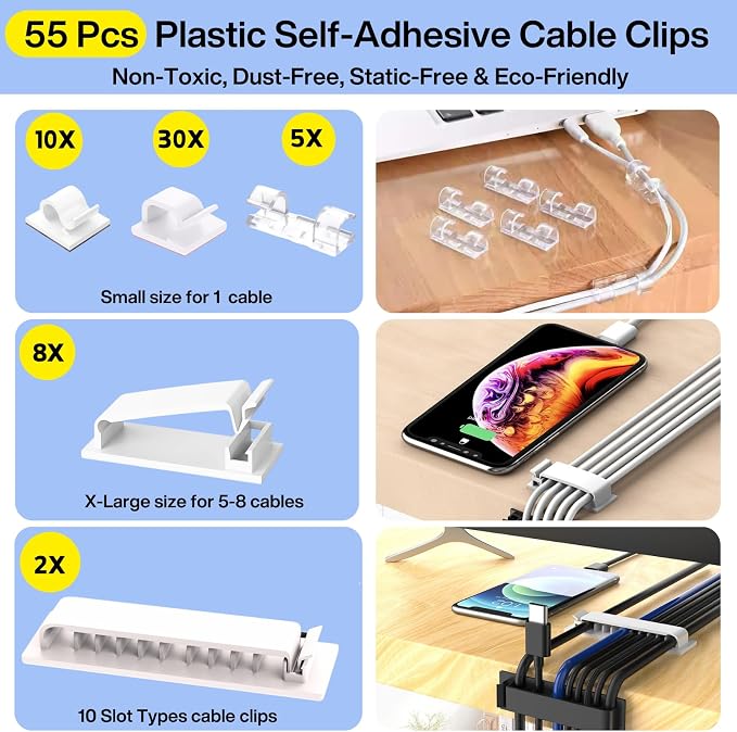 Cable Management Kit, 67 Adhesive Cable Clips, Topavatop Desk Cord Organizer