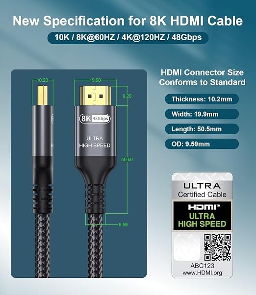 Certified 10K 8K HDMI 2.1 Cable 6.6 FT, 48Gbps Ultra High Speed HDMI Cable