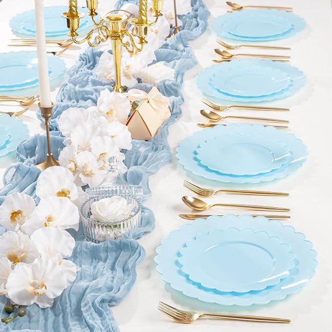 100Pcs Blue Scalloped Plastic Plates Set