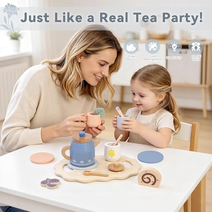 Wooden Tea Set for Little Girls, Play Food Sets for Kids Pretend Play Kitchen