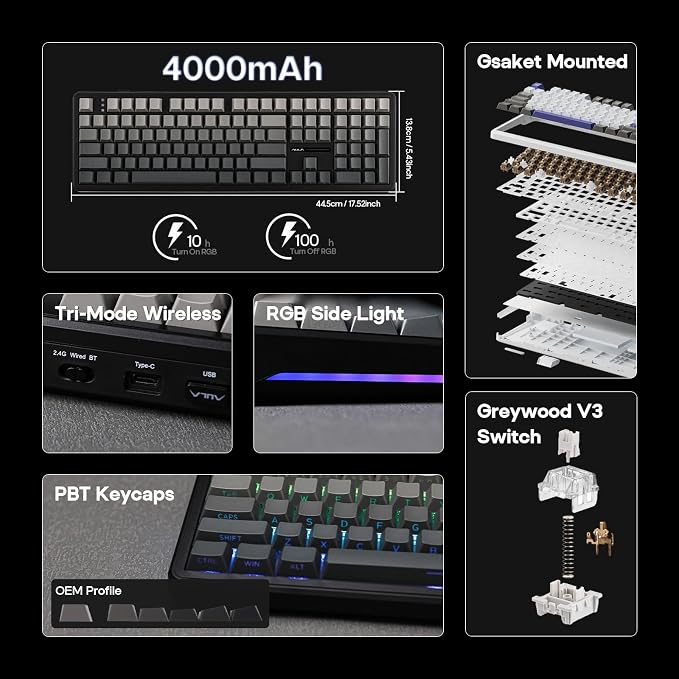 EPOMAKER Aula F108 Wireless Gaming Keyboard, Full Size Mechanical Keyboard