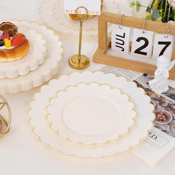 100pcs Scalloped Ivory Gold Plastic Plates, Elegant Party Plates | Includes 50