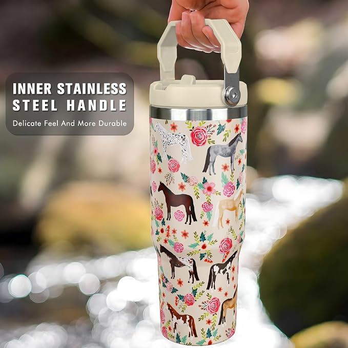 30 oz Horse Tumbler with Handle and Flip Straw, Vacuum Insulated Water Bottle