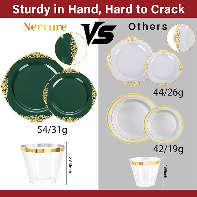 Nervure 350Pcs Green Plastic Plates, Plastic Dinnerware Set