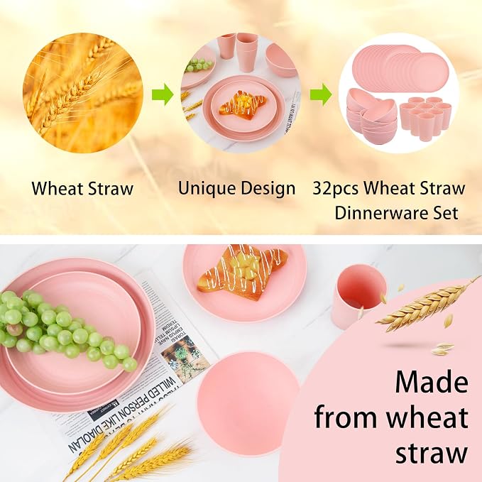 32Pcs Pink Plates and Bowls Sets