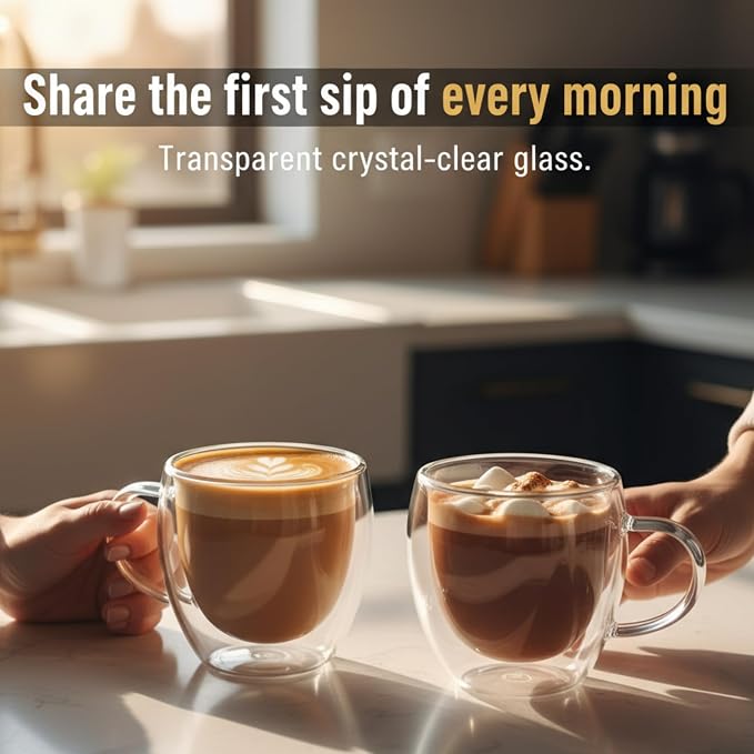 Casafoyer 9 Oz Double Wall Glass Coffee Cups Set of 4, Borosilicate Espresso