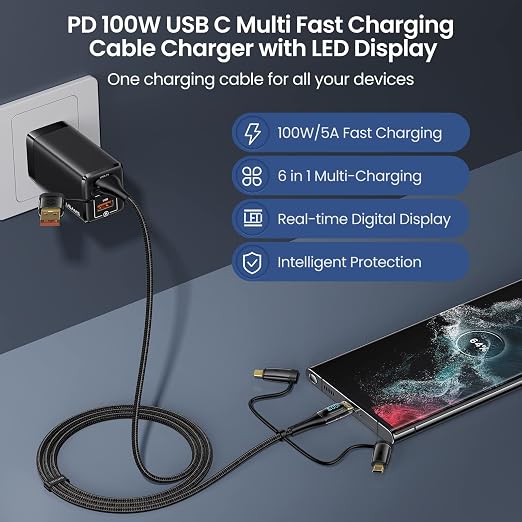 USB C to Multi Charging Cable, USAMS 100W 6.6FT 5A Type C to Type C Fast