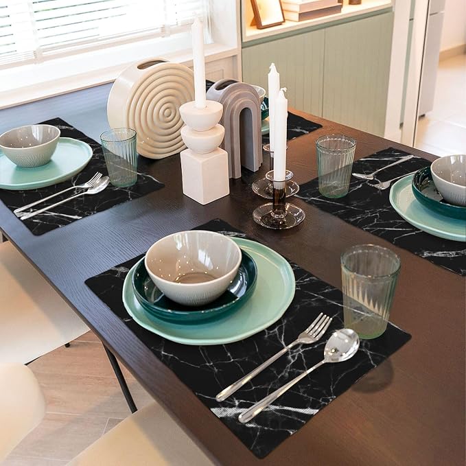 Fiokroo Black with White Marble Placemats Set of 4 Table Mats Table Tableware